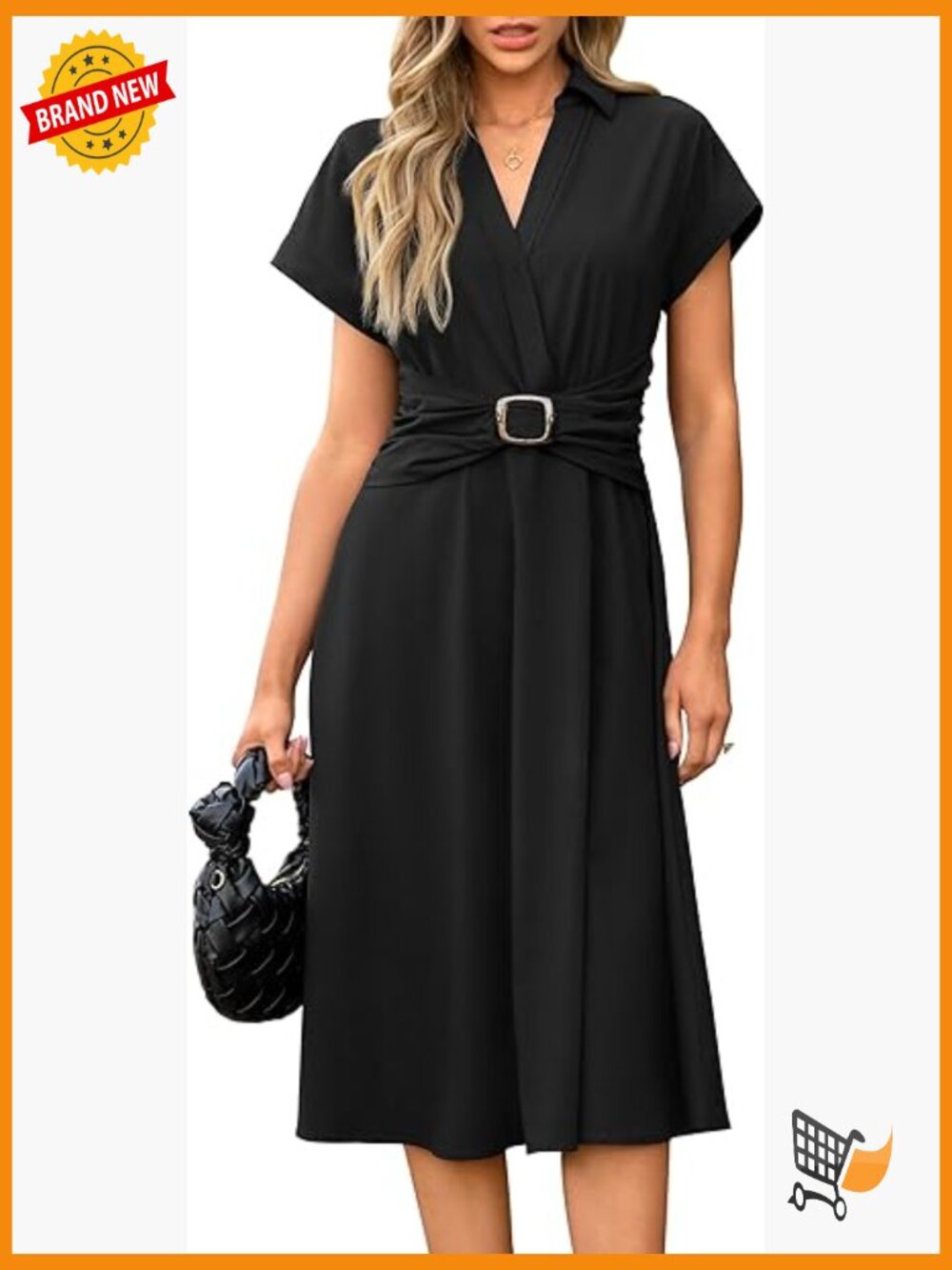 Work Midi Dress with Pockets V-Neck Short Sleeve A-Line Business Casual
